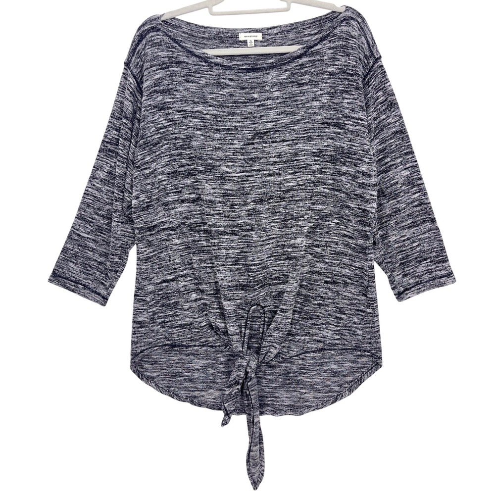 Max Studio Black Space Dye Tie Front Top XL 3/4 Sleeve Boat Neck Knit